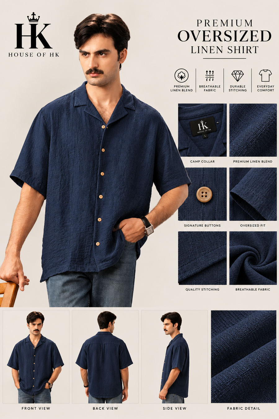 Oversized Linen Shirt — Navy Blue House of HK design mockup