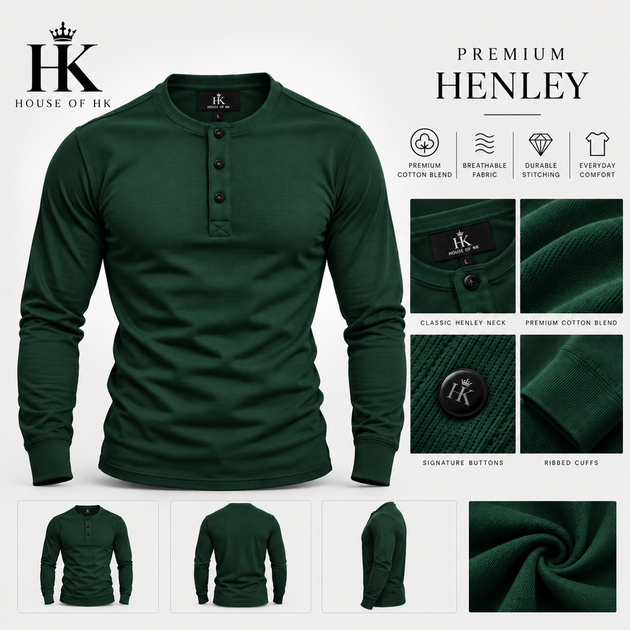 Premium Henley Shirt — Bottle Green House of HK design mockup