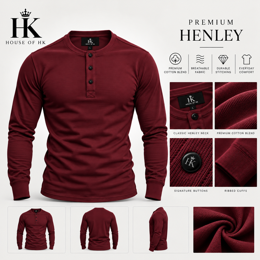 Premium Henley Shirt — Maroon House of HK design mockup