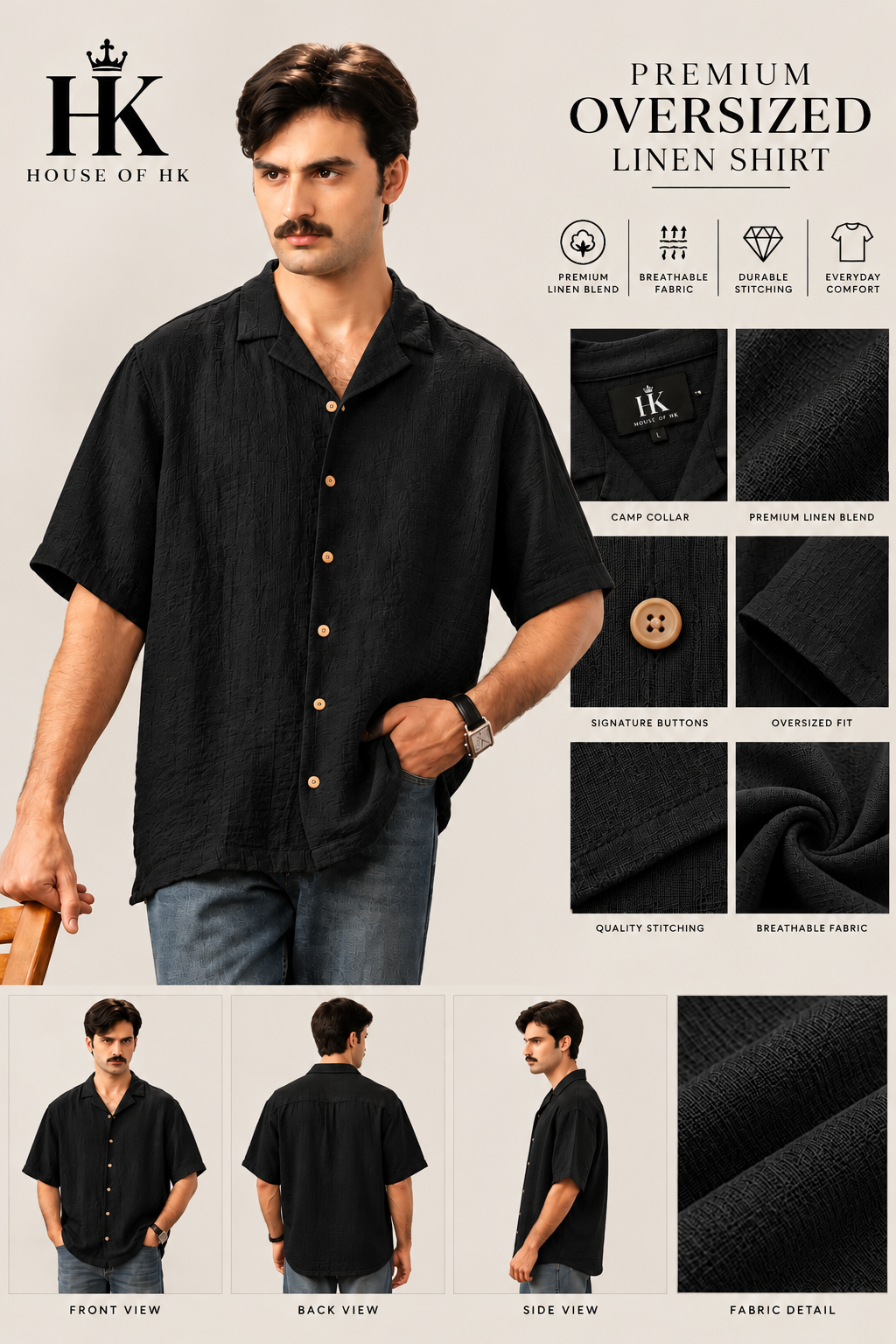 Oversized Linen Shirt — Black House of HK design mockup
