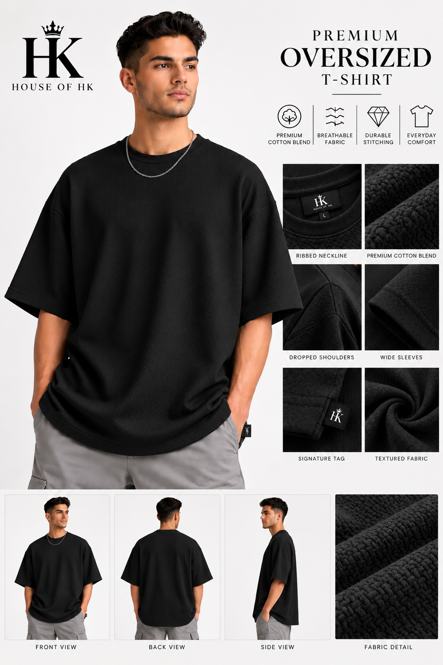 Oversized Textured T-Shirt — Black House of HK design mockup
