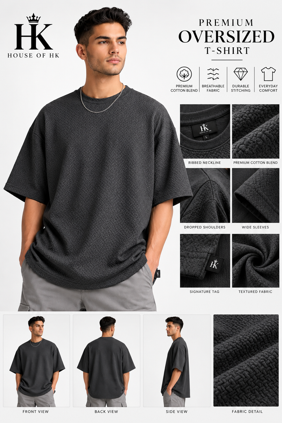 Oversized Textured T-Shirt — Charcoal Grey House of HK design mockup
